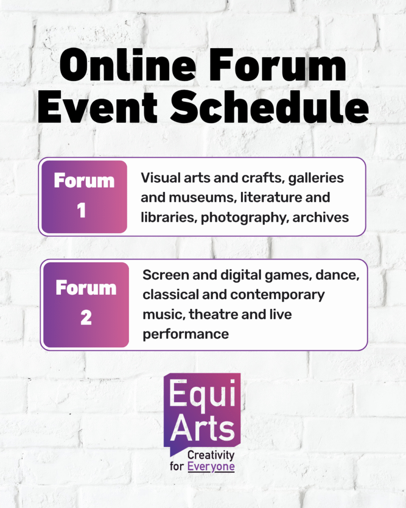 A graphic titled “Online Forum Event Schedule” is shown against a white brick background. Two rounded boxes list the forum themes: Forum 1 covers visual arts, crafts, galleries, museums, literature, libraries, photography, and archives; Forum 2 covers screen and digital games, dance, classical and contemporary music, theatre, and live performance. At the bottom is the purple EquiArts logo with the tagline “Creativity for Everyone.”